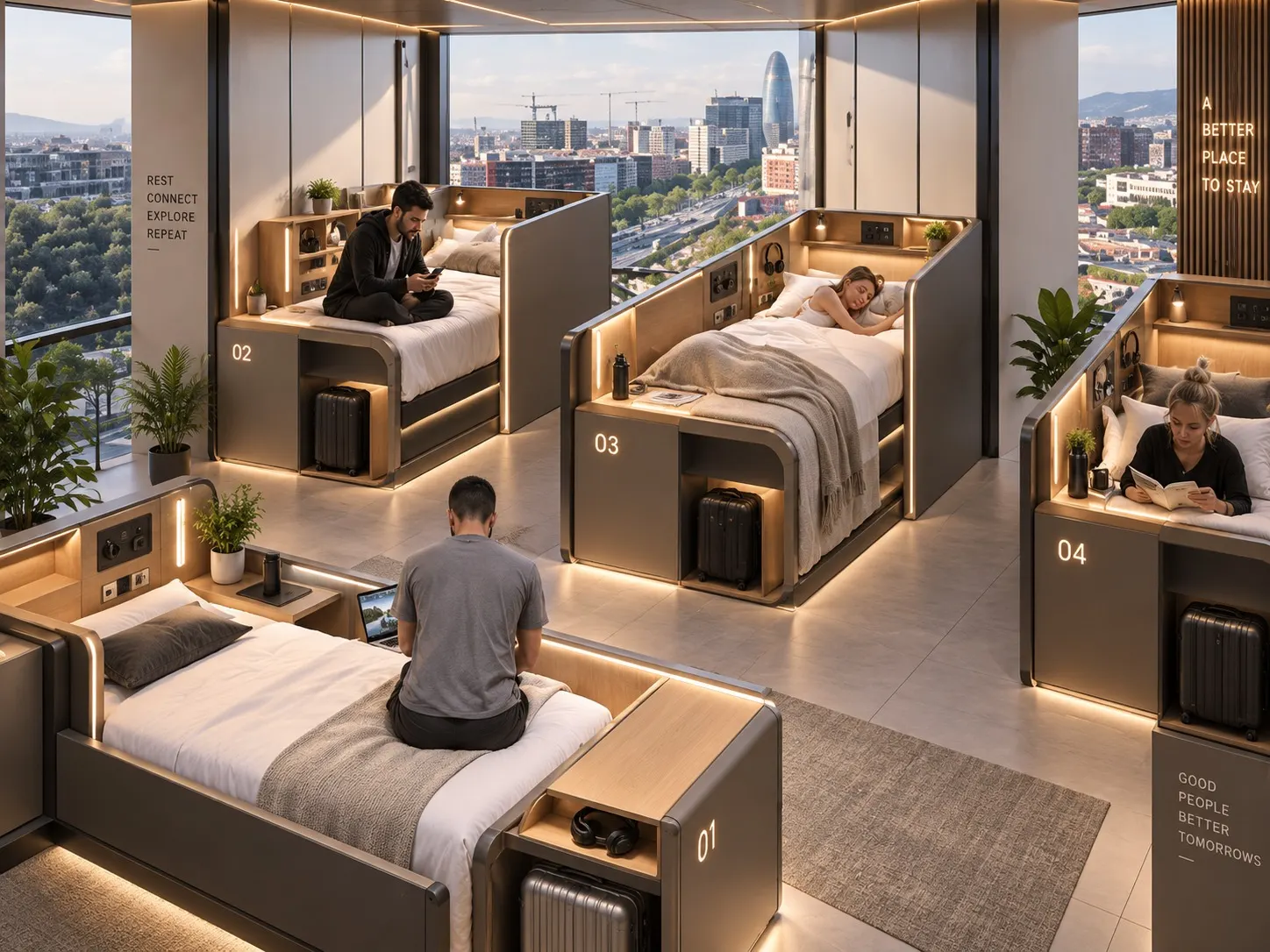 BCN Hostal — propuesta de hostal modular con módulos de descanso y luz lineal, diseñado por ALUZINA